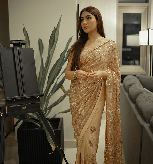 Dull Gold Chiffon Sequin Saree