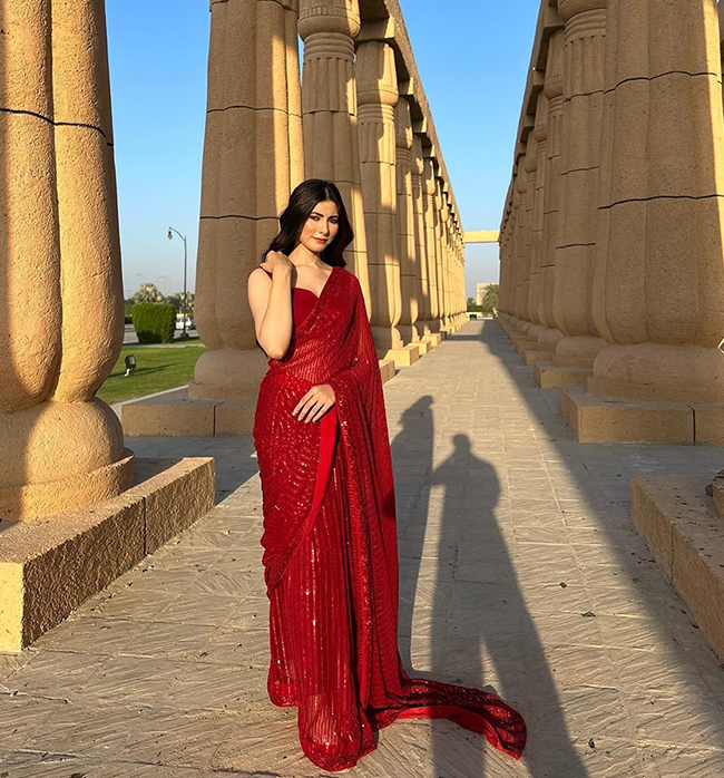 Red Sequin Chiffon Saree