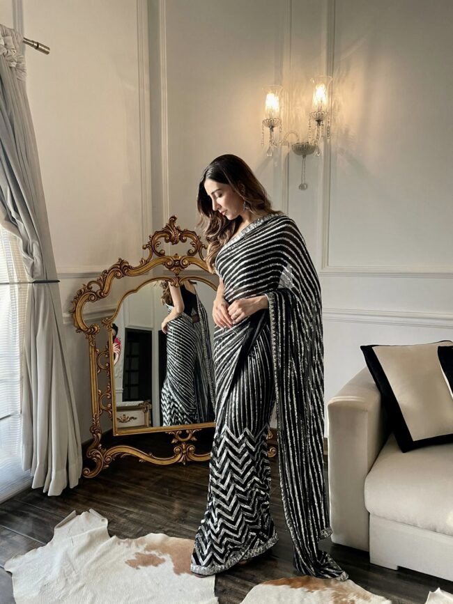 Silver Striped Sequined Saree